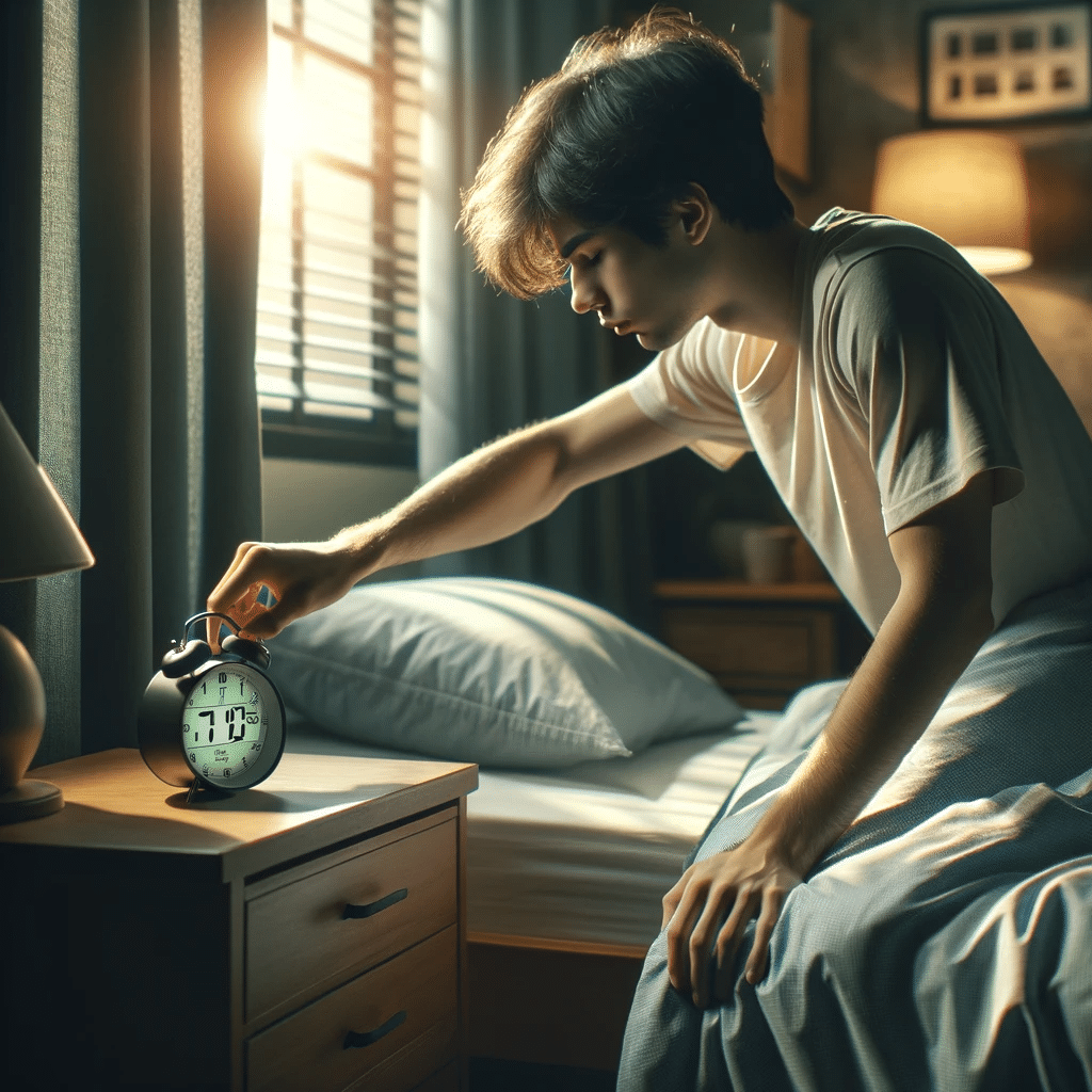 DALL·E-2023-11-28-15.19.46-A-realistic-image-of-a-young-person-waking-up-and-turning-off-their-alarm-clock-at-7-AM-to-go-to-work.-The-scene-is-set-in-a-modestly-furnished-