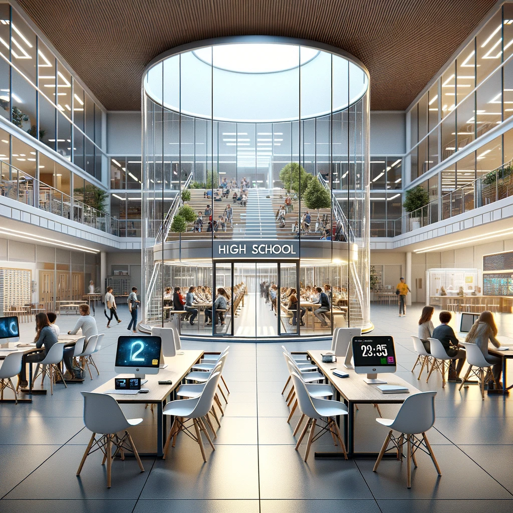 DALL·E-2023-11-28-15.35.12-Create-a-realistic-image-showing-a-high-school-in-about-10-years-time-from-the-perspective-of-someone-standing-in-the-entrance-hall.-The-hal (1)